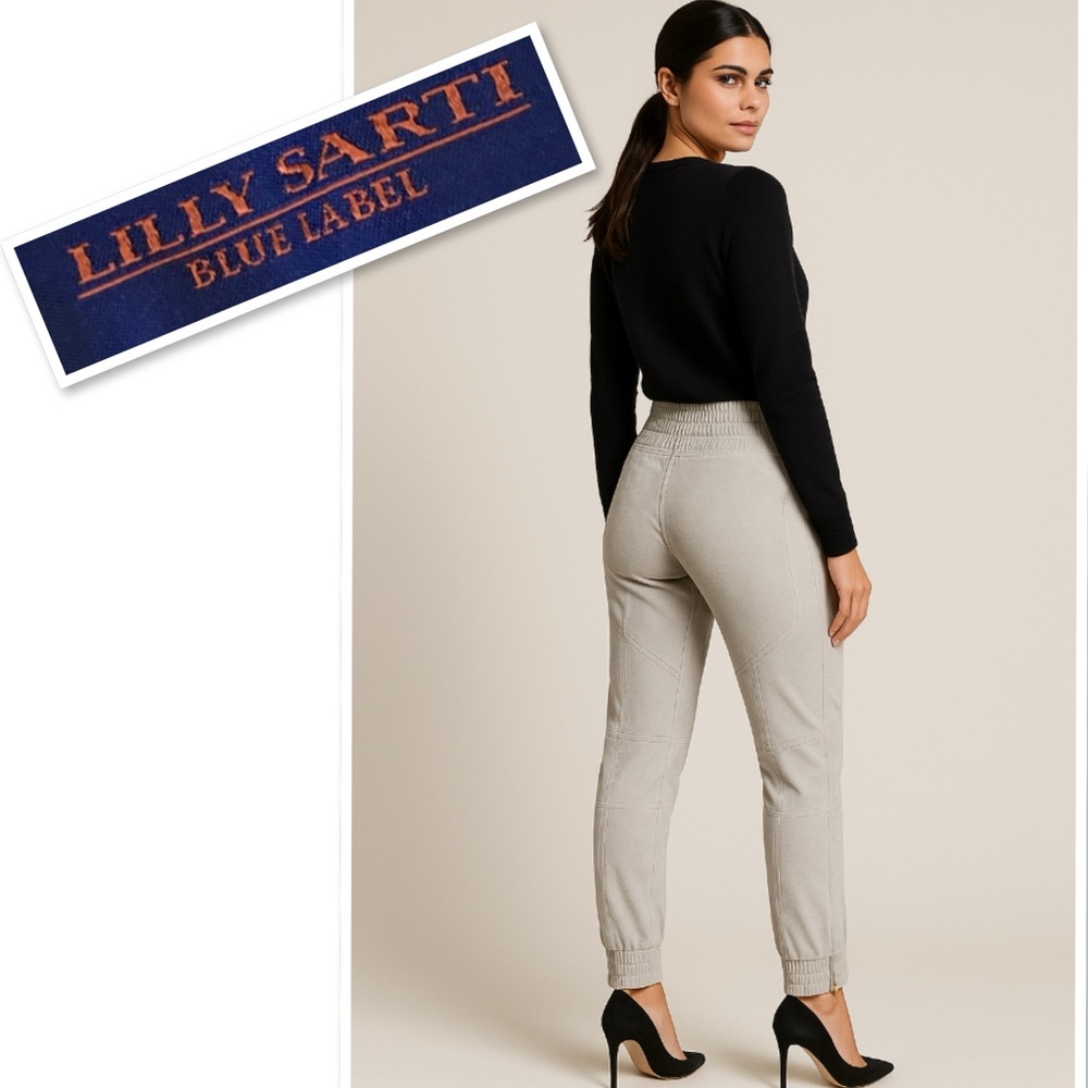 LILLY SARTI Velvet & Faux Leather Pull-On Jogger Pants Modern Luxe Look Sz US M